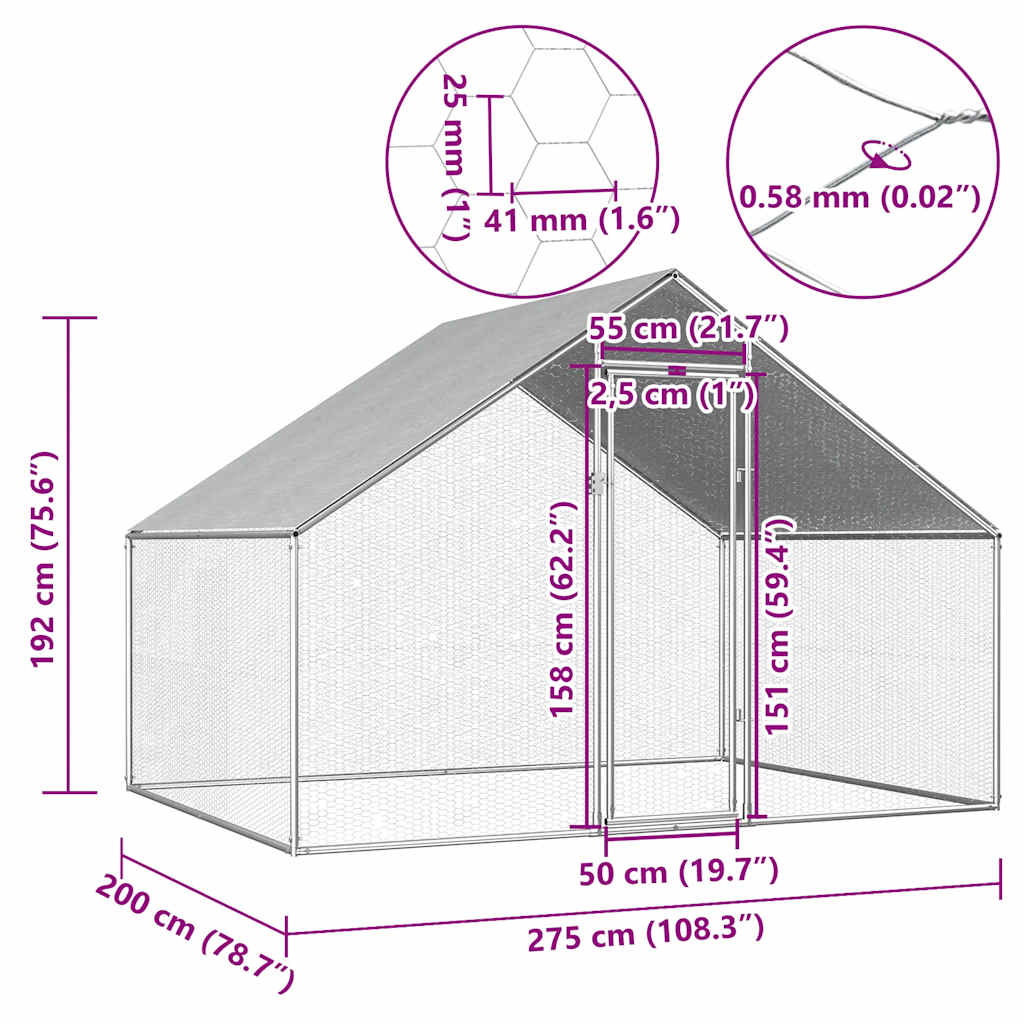 Galvanized Metal Chicken Coop Walk-in Chicken Run with Waterproof Cover - 2.75m x 2m x 1.92m