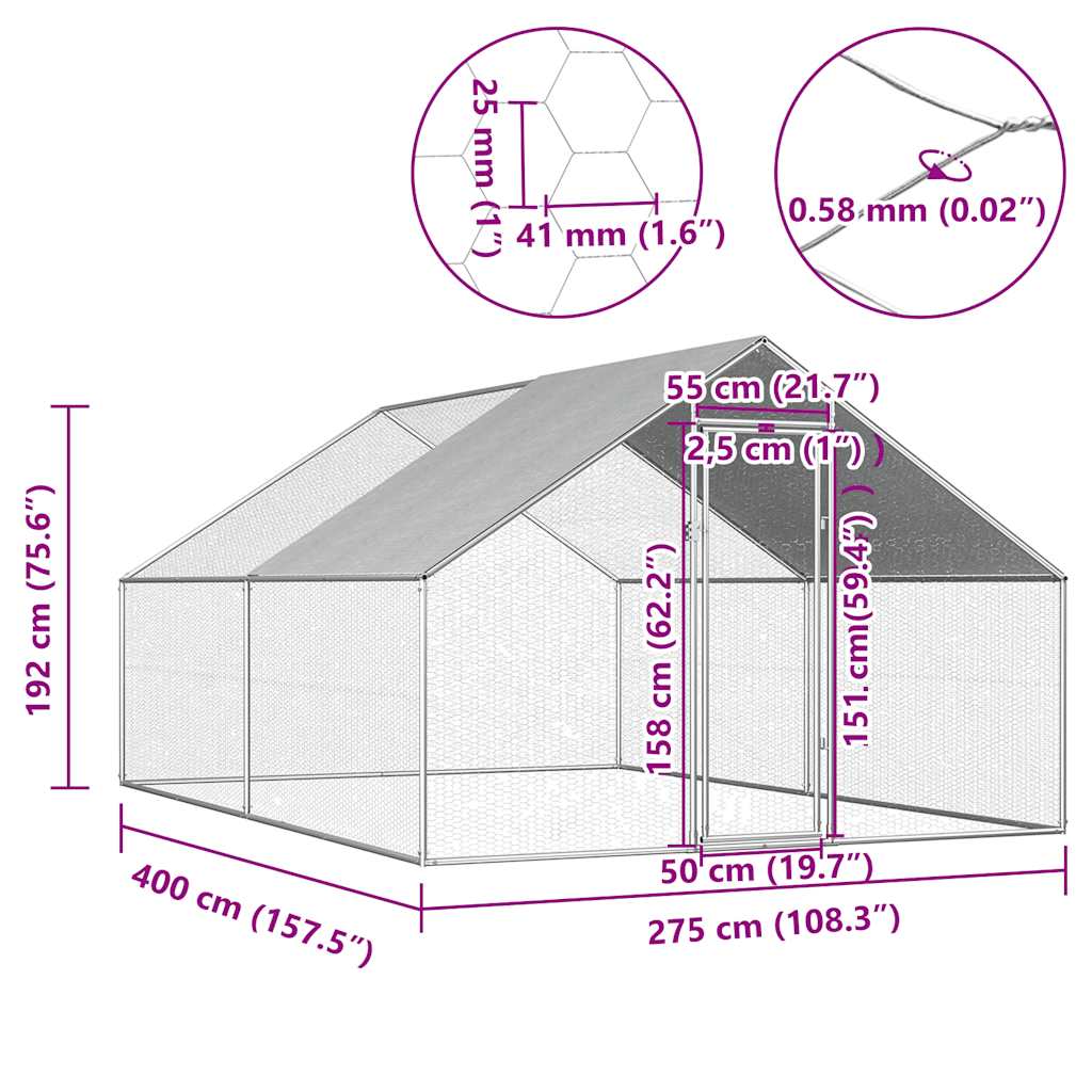 Galvanized Metal Chicken Coop Walk-in Chicken Run with Waterproof Cover - 2.75m x 4m x 1.92m