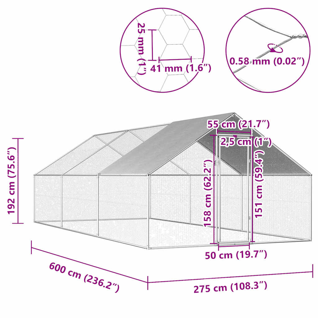 Galvanized Metal Chicken Coop Walk-in Chicken Run with Waterproof Cover - 2.75m x 6m x 1.92m