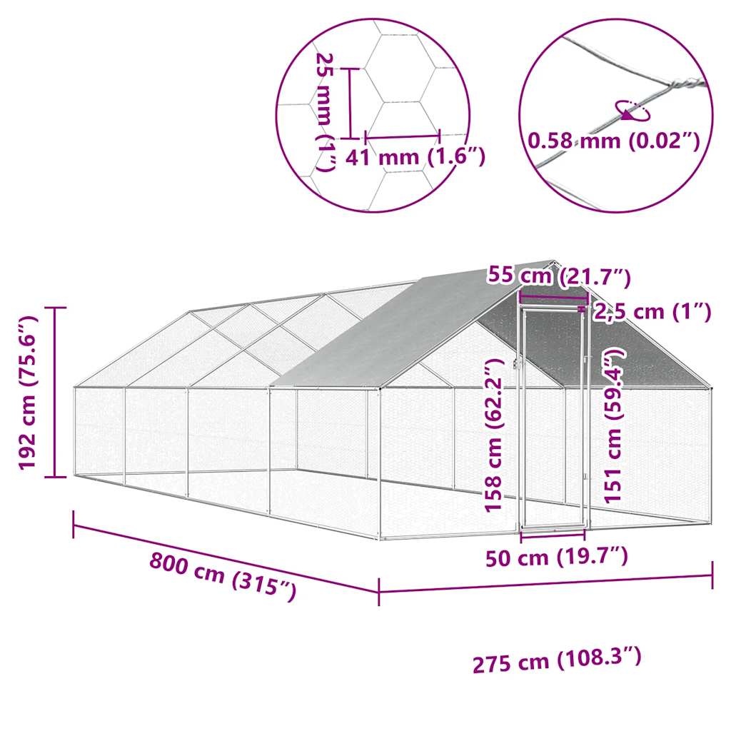 Galvanized Metal Chicken Coop Walk-in Chicken Run with Waterproof Cover - 2.75m x 8m x 1.92m