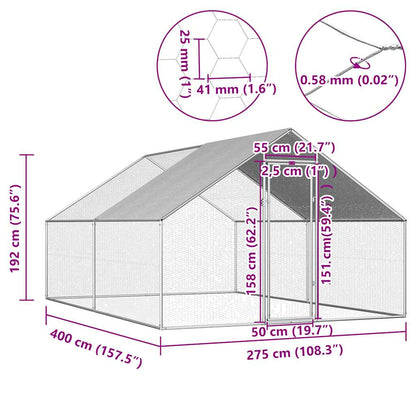 Galvanized Metal Chicken Coop Walk-in Chicken Run with Waterproof Cover - 2.75m x 4m x 1.92m